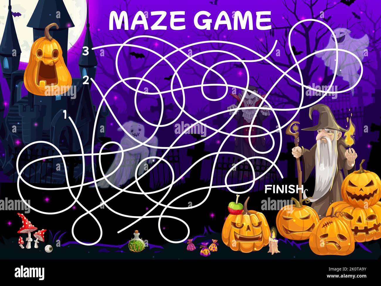 Labyrinth maze. Help to sorcerer find a Halloween pumpkin lantern ...
