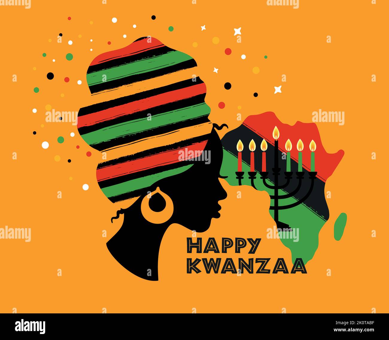 Greeting card for Kwanzaa with African women. Vector illustration. Happy Kwanzaa decorative greeting card. seven kwanzaa candles in vector. Stock Vector