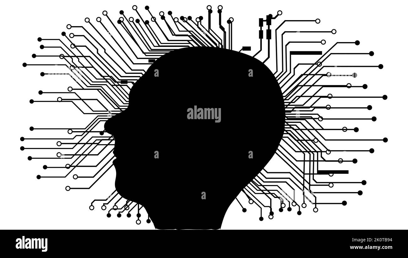 Silhouette of human head in profile with circuit board tracks isolated ...