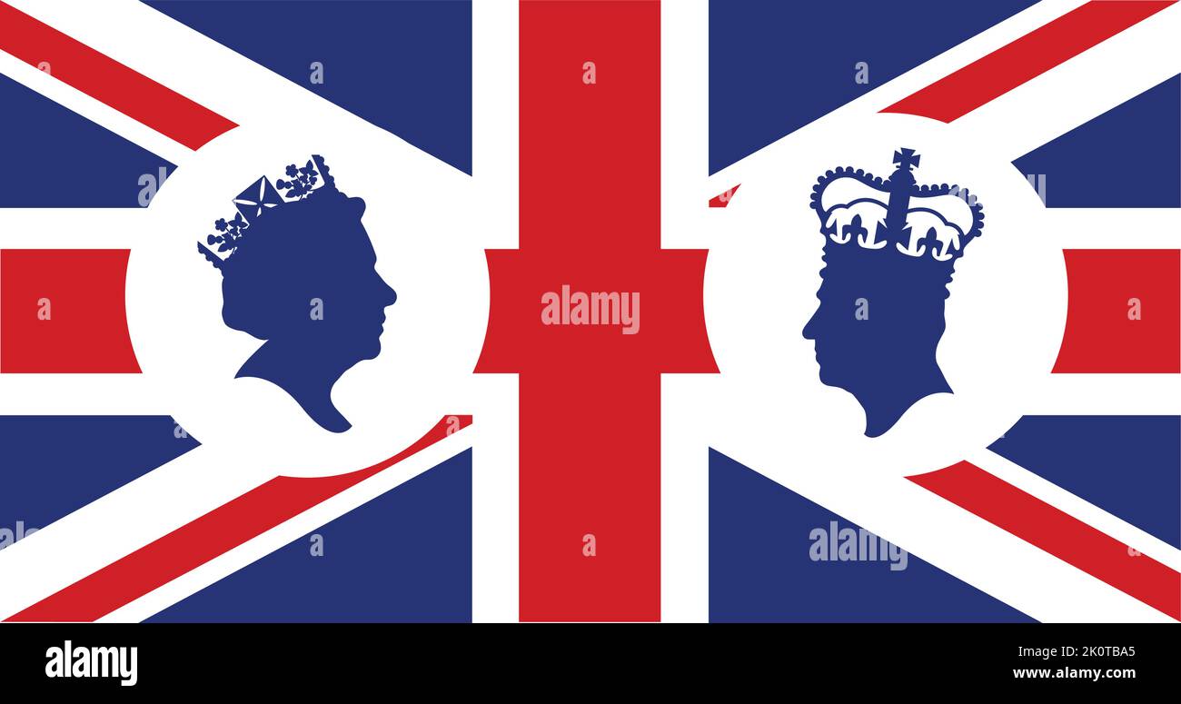London, UK - September 2022: Side profile silhouette of King Charles III and the late Queen Elizabeth II Stock Vector