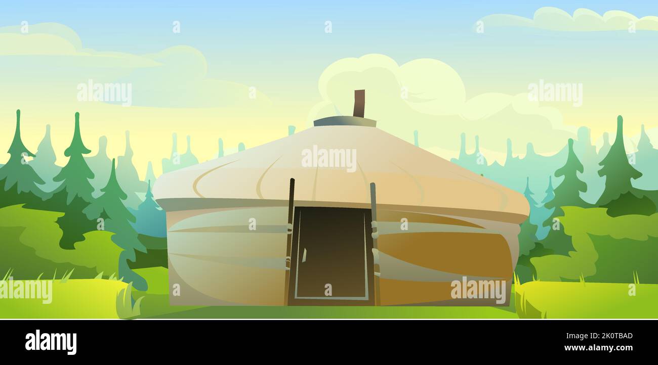 Yurt in tundra. Taiga landscape. Dwelling of northern nomadic peoples in Arctic. From felt and skins. illustration vector. Stock Vector