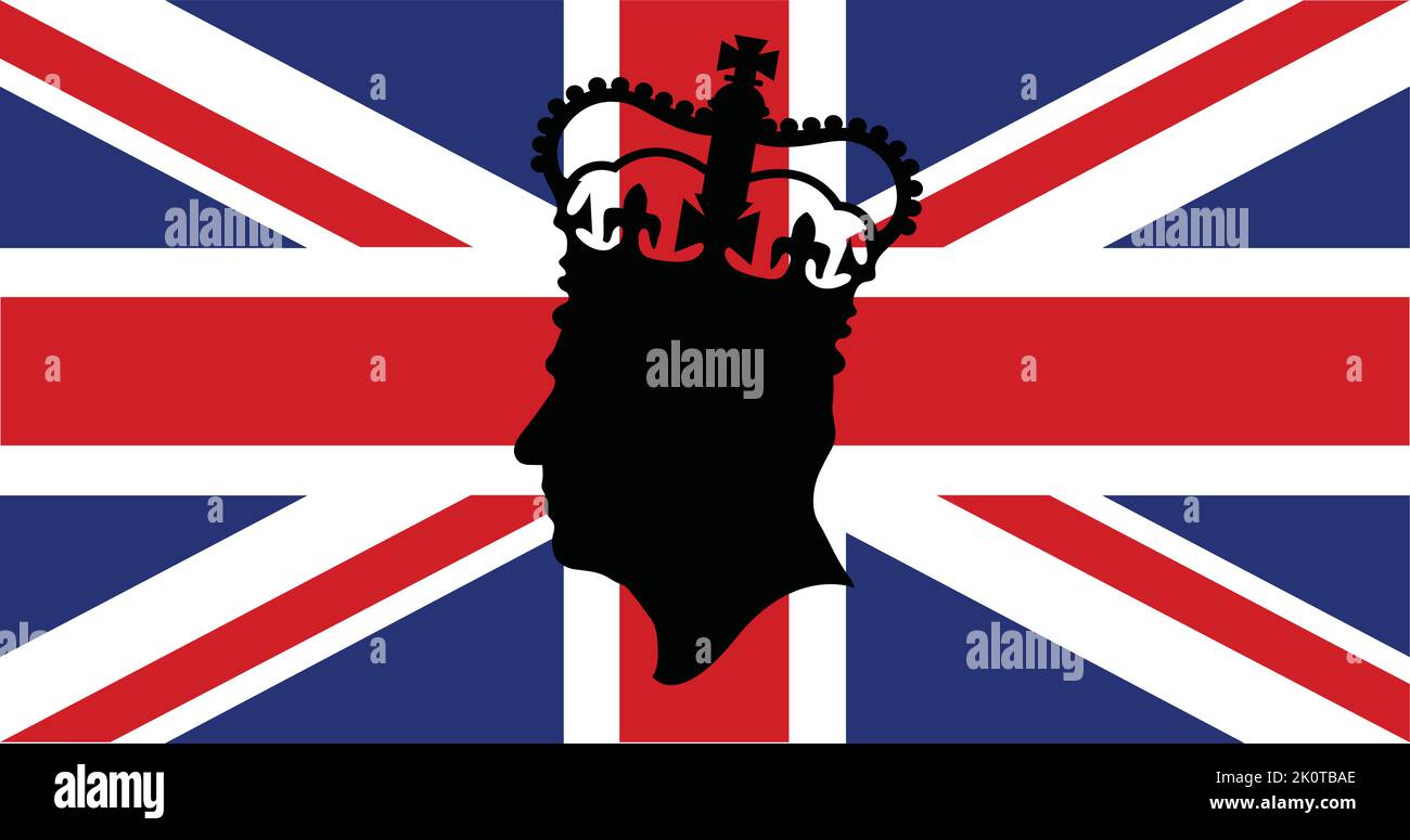 London, UK - September 2022: Side profile silhouette of King Charles III against a Union Jack background Stock Vector
