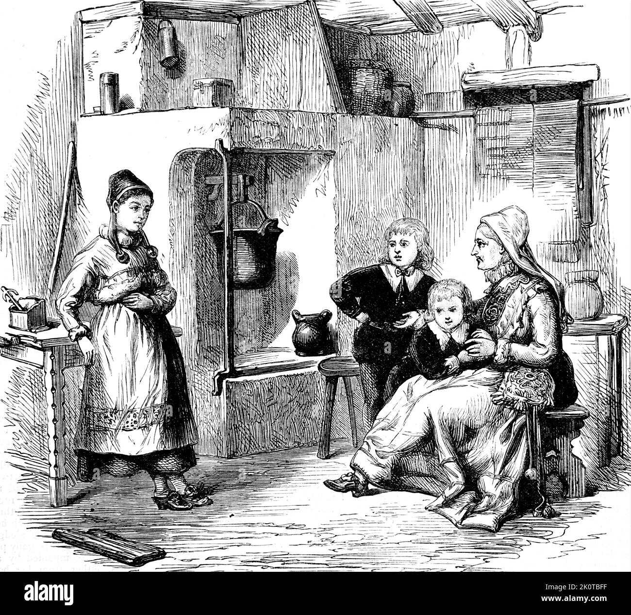 Illustration depicting the interior of a Swedish home. Dated 19th Century Stock Photo