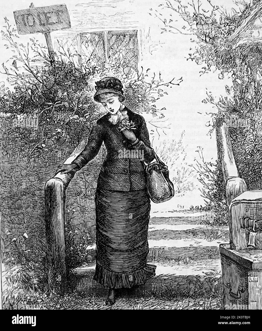 Illustration depicting a woman looking at house for let. Illustrated by Mary Ellen Edwards (1838-1934) an English artist. Dated 19th Century Stock Photo
