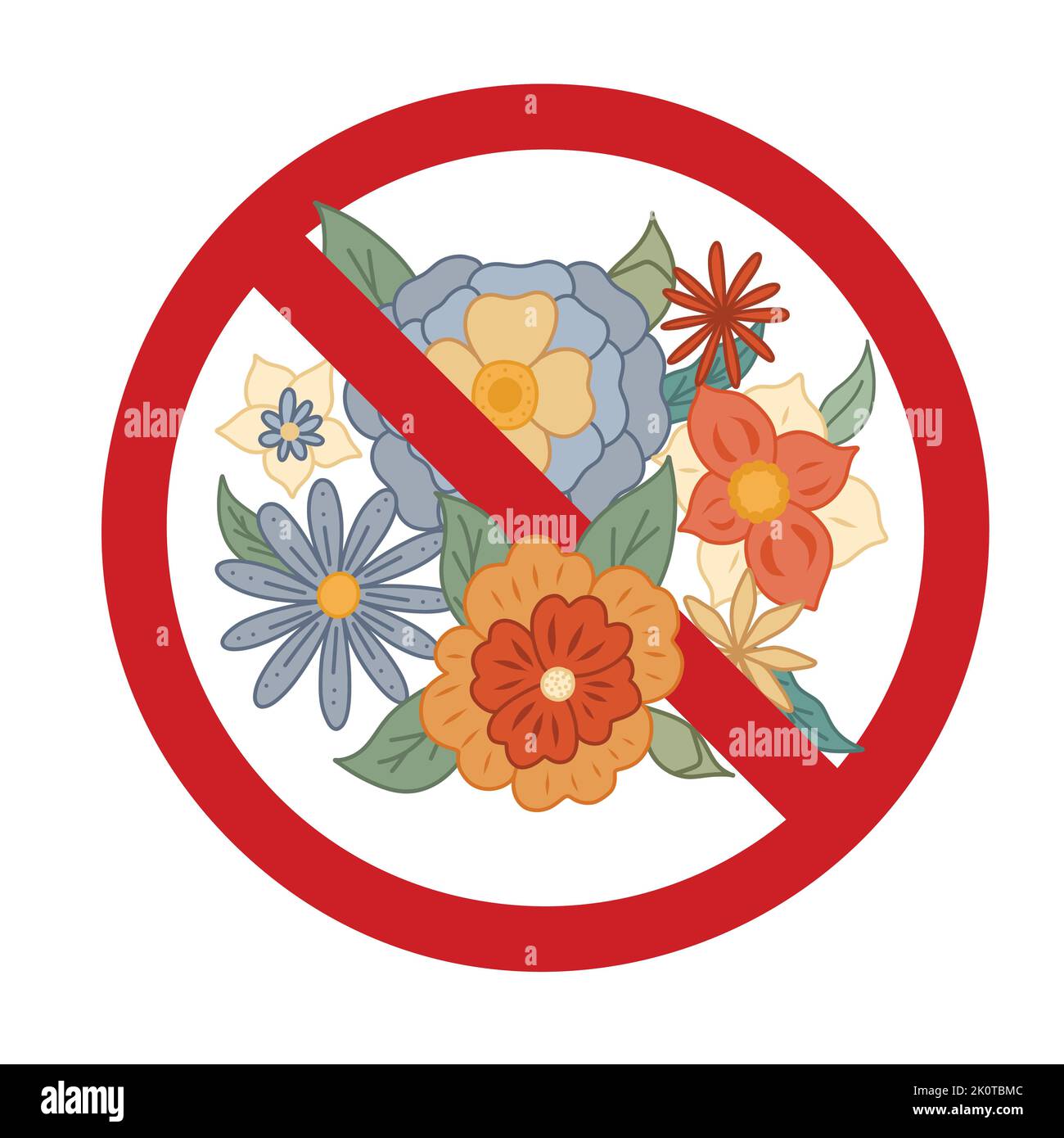 Vector forbidden sticker with bouquet. Groovy flowers in the