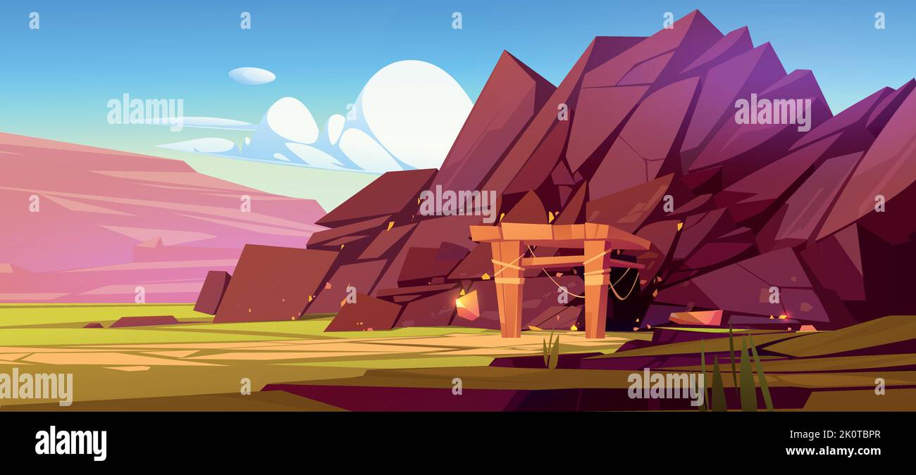 Gold mine entrance at nature landscape, outside cave view with golden shiny ingots and nuggets in rocks and stone shaft walls. Game scene, cartoon background, mining quarry, 2d Vector illustration Stock Vector