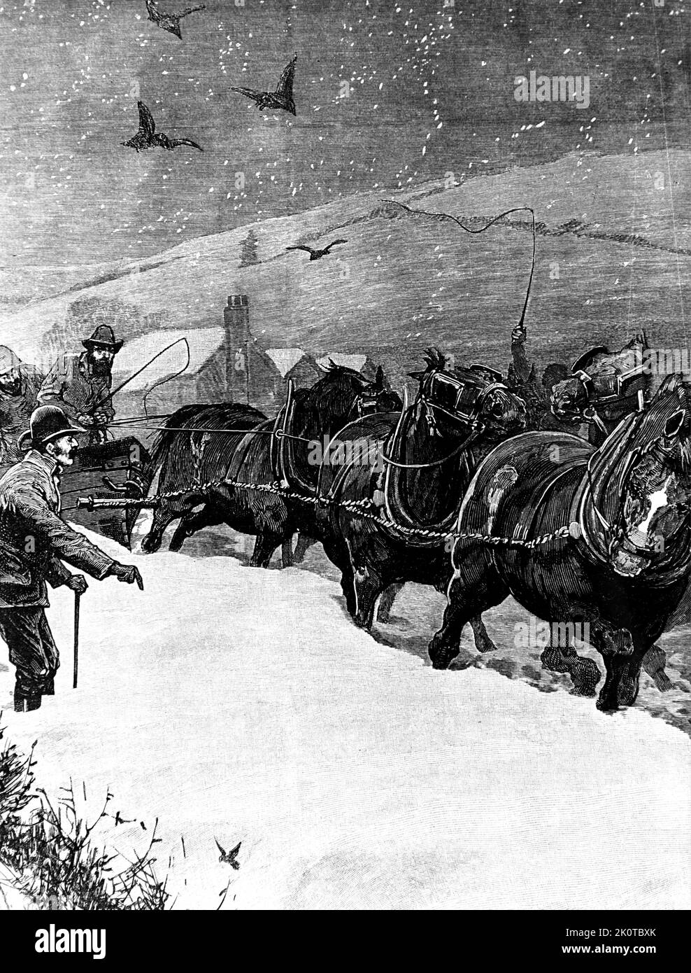 Illustration depicting a snow-plough clearing a Northumberland road. Dated 19th Century Stock Photo