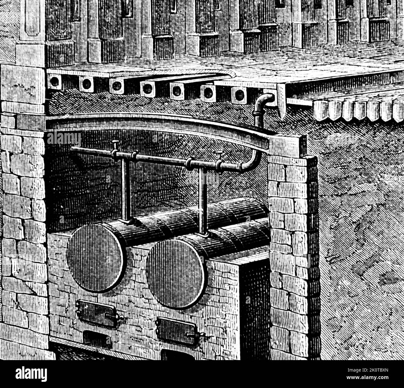 Using steam for keeping streets and pavements free of snow by circulating steam through hollow brick pipes laid under the ground. Dated 19th Century Stock Photo