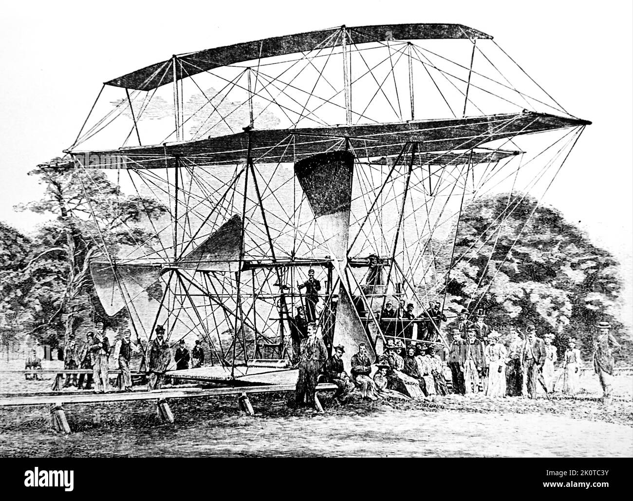 Illustration depicting Hiram Maxim's flying machine. Hiram Maxim (1840-1916) an British inventor. Dated 19th Century Stock Photo