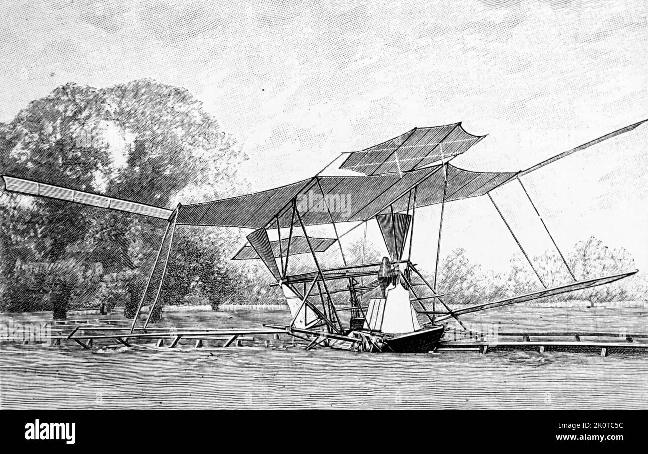 Illustration depicting Hiram Maxim's steam-powered plane. Hiram Maxim (1840-1916) an British inventor. Dated 19th Century Stock Photo