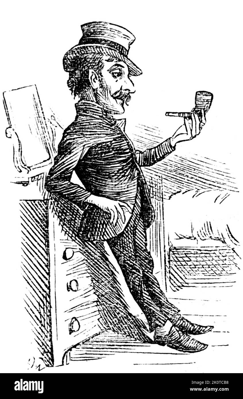 Punch Cartoon about a man who cannot afford tobacco for his pipe circa 1885 Stock Photo