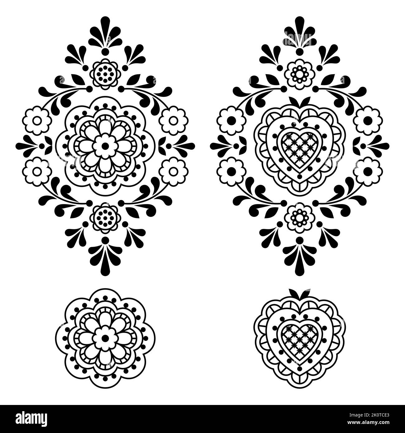 Floral folk art outline vector motif set with flowers, leaves and heart, retro decorations ...