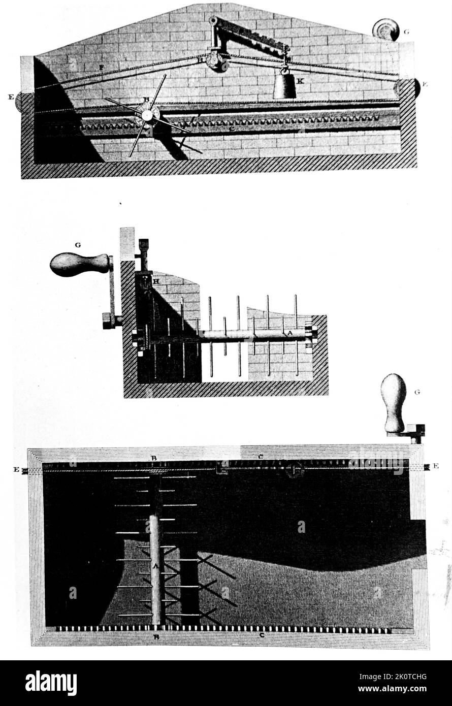 Cylindrical traversing rake, for stirring tobacco, malt, corn, hops, etc. by R.W. Barchard of Croydon. London, 1818. Stock Photo