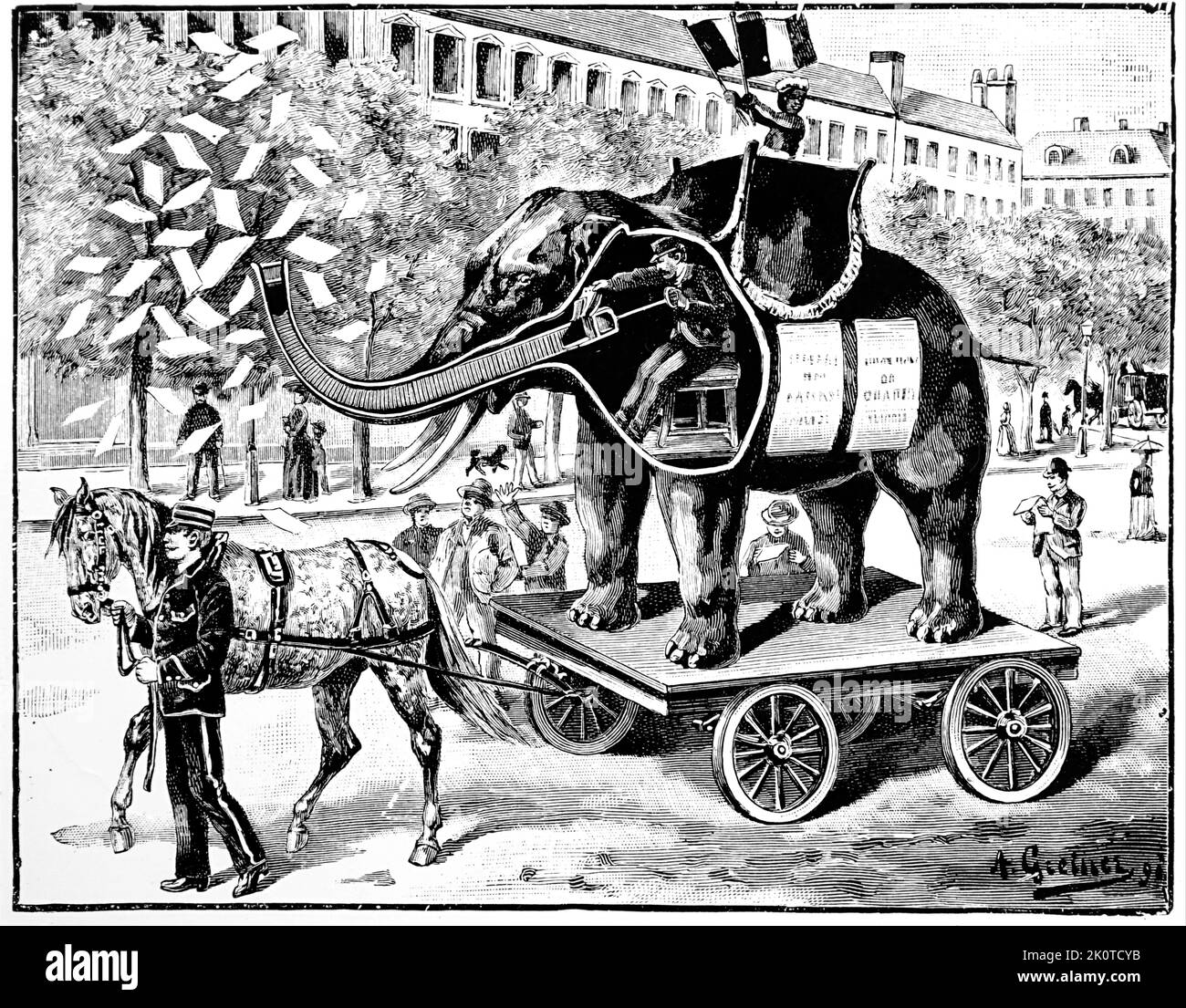 Illustration showing a mechanical elephant used as an advertinsing