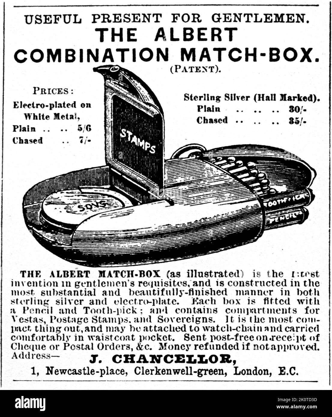 Newspaper advert for Albert Combination Matchbox, London, 1885. Vesta cases, Vesta boxes, or pocket match safes or match safes were small portable boxes made in a great variety of forms with snapshut covers to contain vestas (short matches) and keep them dry. Stock Photo