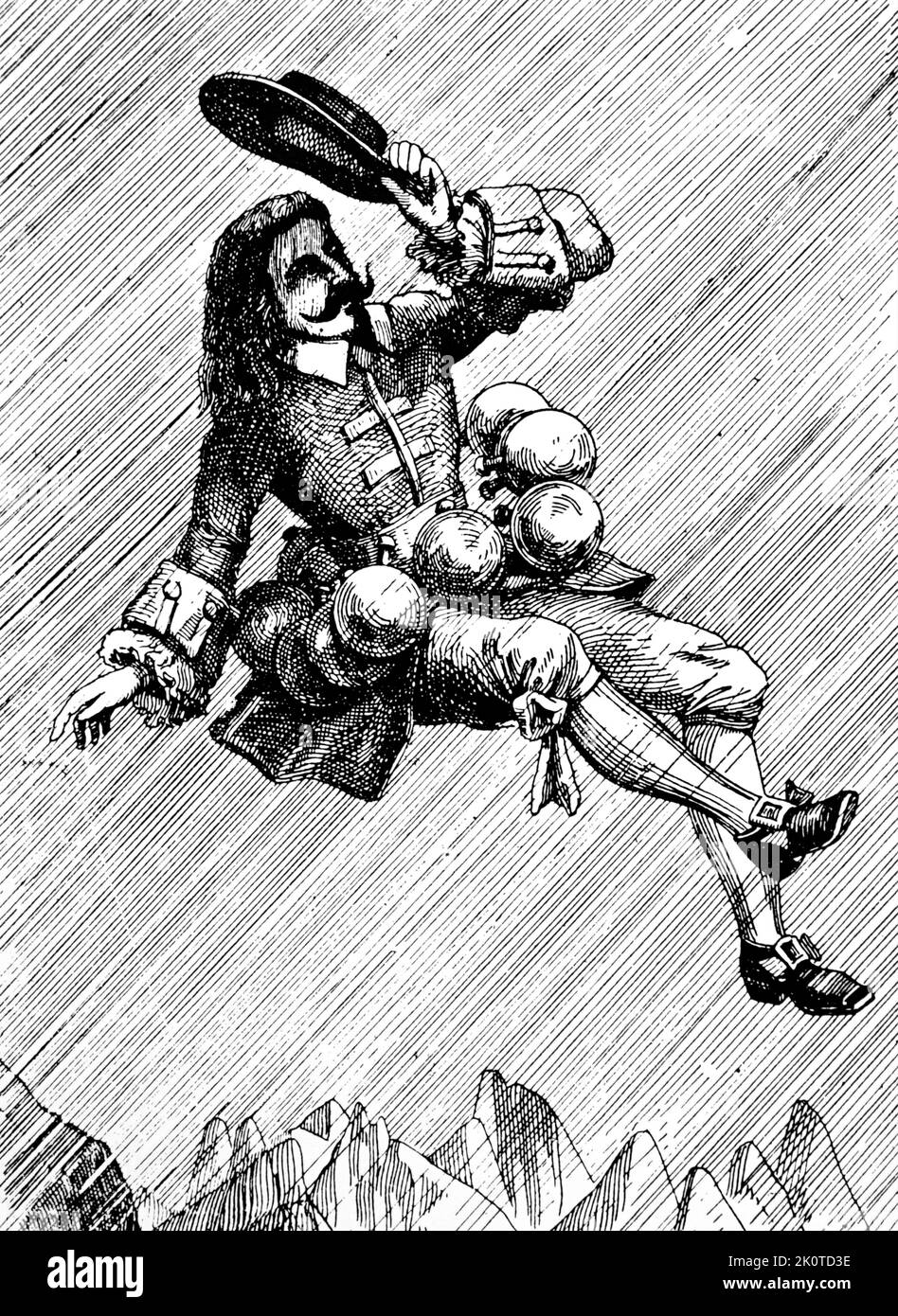 Cyrano de Bergerac, flying by means of bottles of dew evaporated by sunlight, thus lifting him. From Oeuvres de Cyrano de Bergerac, Paris 1850. Savinien de Cyrano de Bergerac (1619 – 1655) was a French novelist, playwright, epistolarian and duellist. A bold and innovative author, his work was part of the libertine literature of the first half of the seventeenth century. Stock Photo