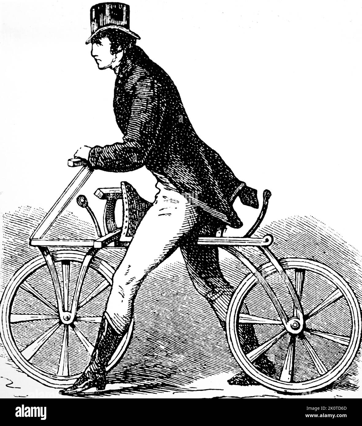 Illustration showing the early 19th century German inventor, Karl von Drais riding his Velocipede (Hobby Horse) bicycle. 1840 Stock Photo