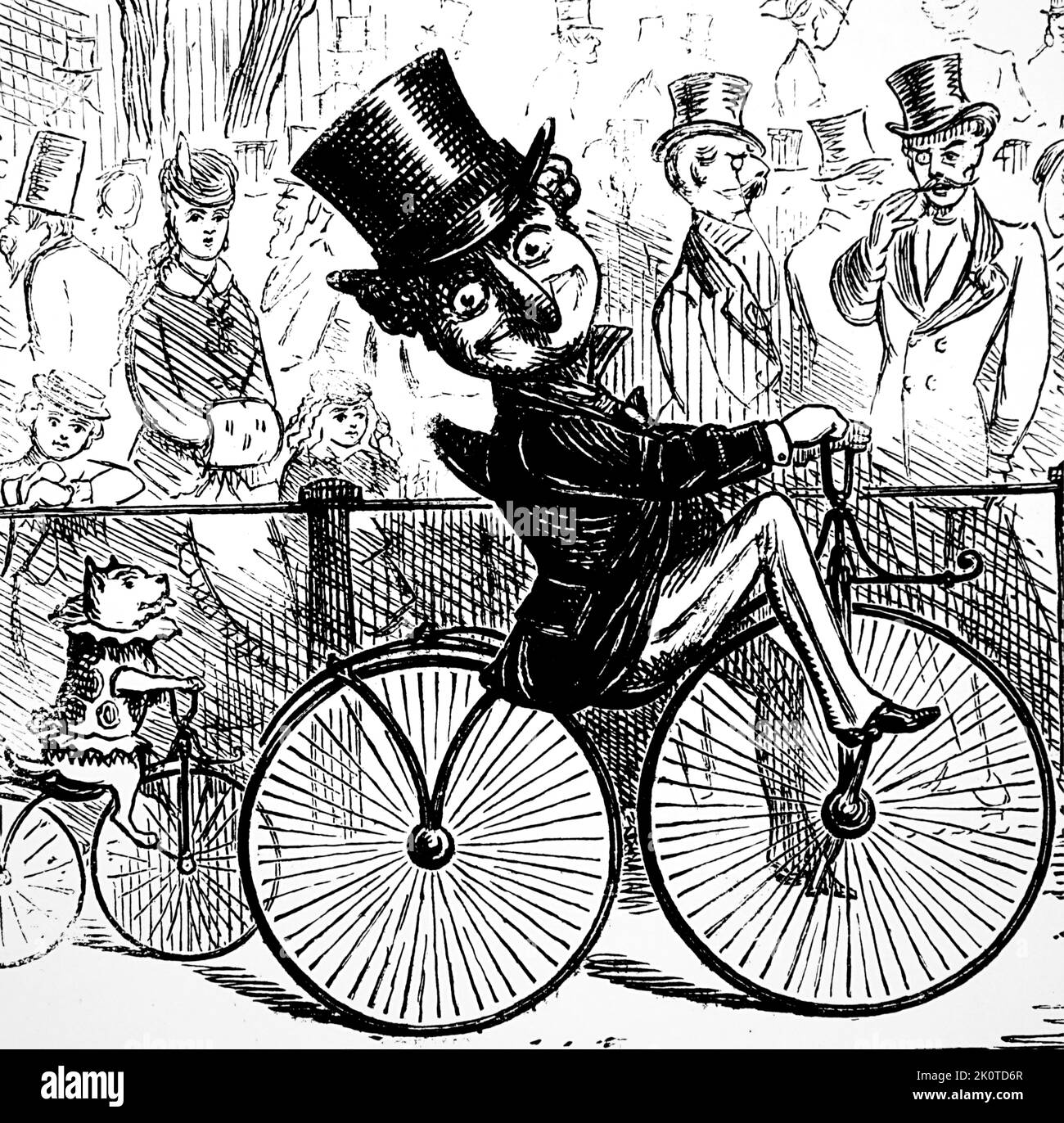 Mr Punch riding a 'Boneshaker' bicycle. 'Punch' Illustration 1869 Stock Photo