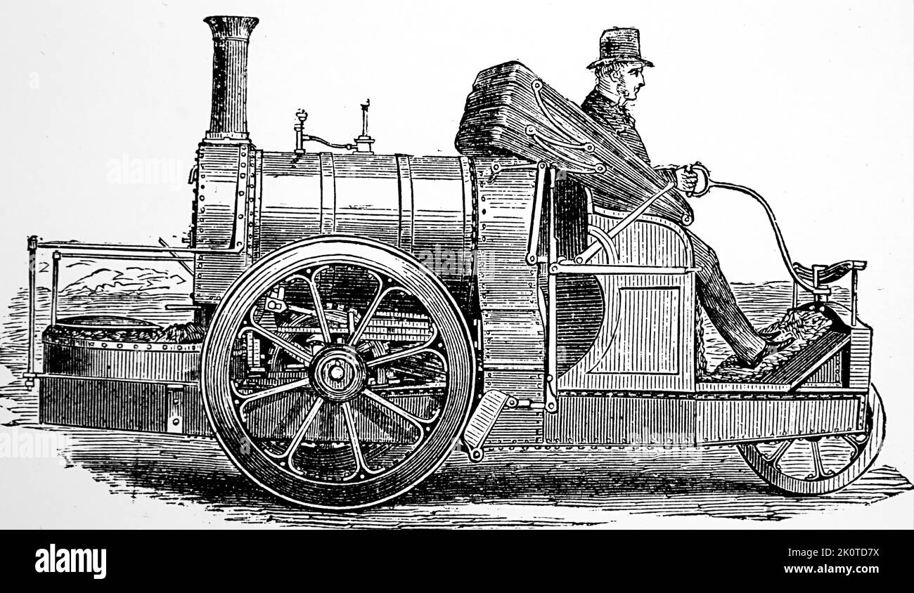 Steam road locomotive, built by Mr Rickett for the Earl of Caithness, in which the Earl and Countess and the Rev. W. Ross drove the 150 miles from Inverness to Barrogell Castle, in two days. 1860. Thomas Rickett from Buckingham, England, made a steam-powered car in 1860 Stock Photo