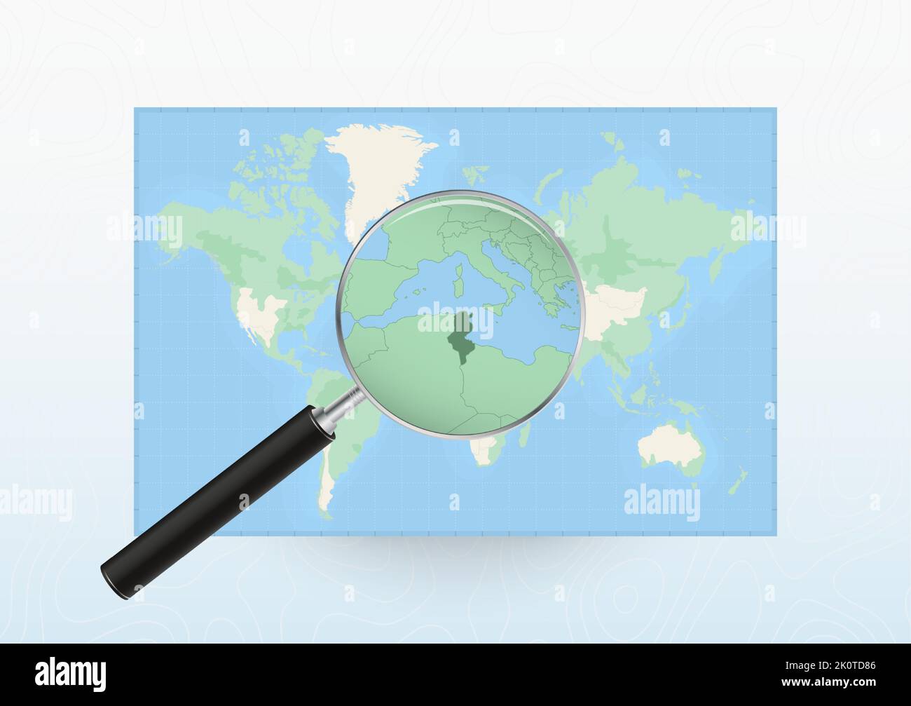 Map of the World with a magnifying glass aimed at Tunisia, searching Tunisia with loupe. Vector map. Stock Vector