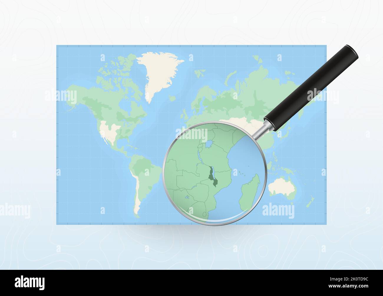 Map of the World with a magnifying glass aimed at Malawi, searching