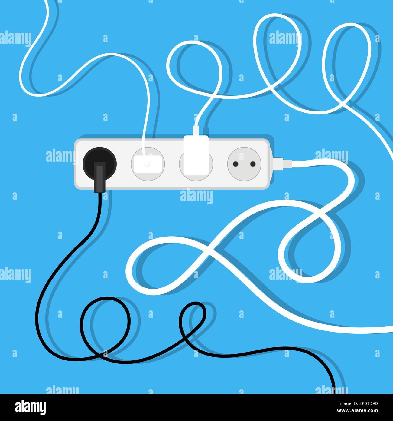 Electrical wires and chargers on blue background. A mess of cables from several extension cords