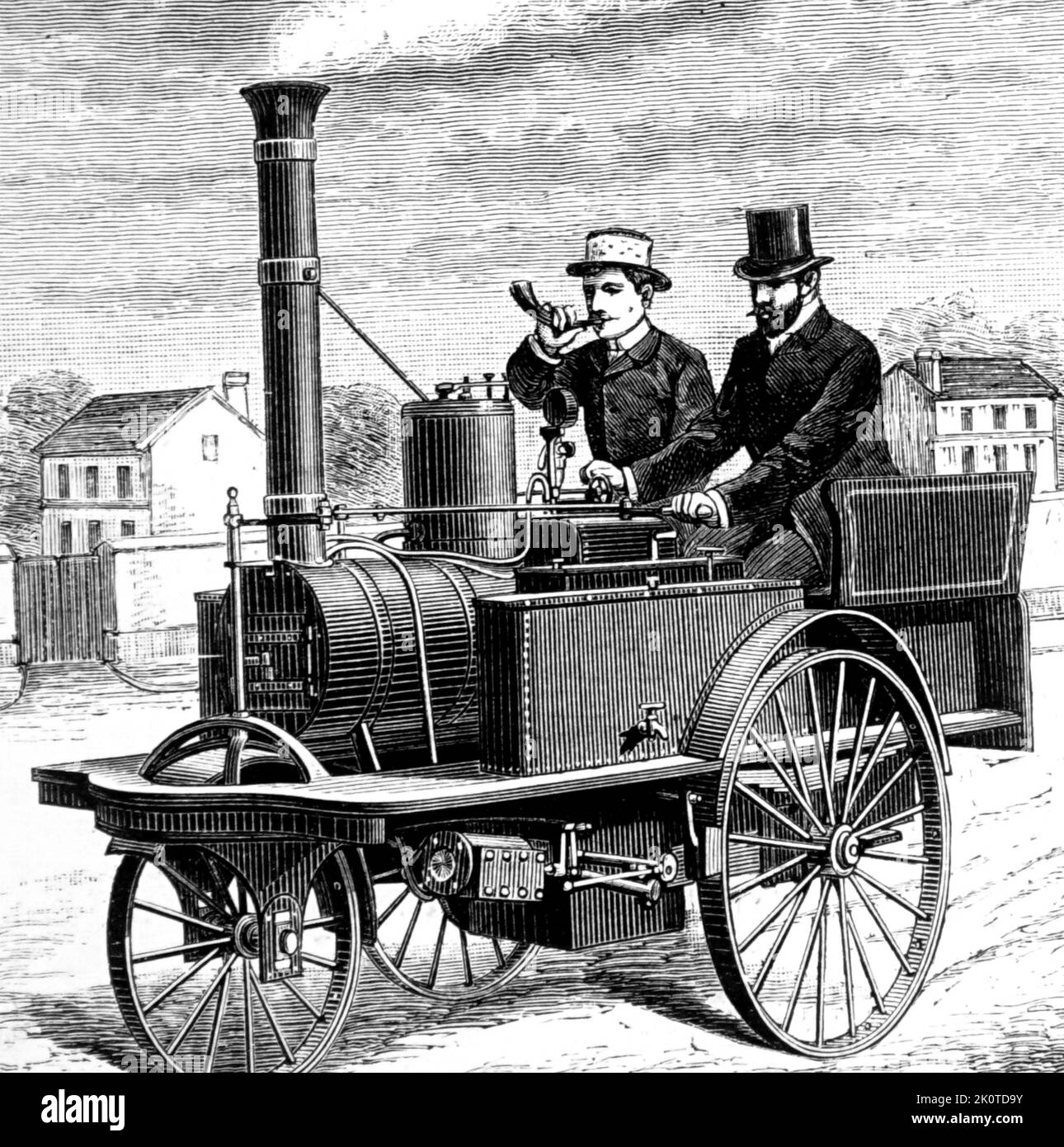 Virot Steam Carriage (1887) Paris. The passenger blows a horn to warn people to get out of the way. Stock Photo