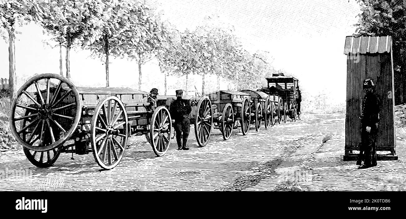 Scotte steam traction unit; drawing a train of French military wagons 1900 Stock Photo