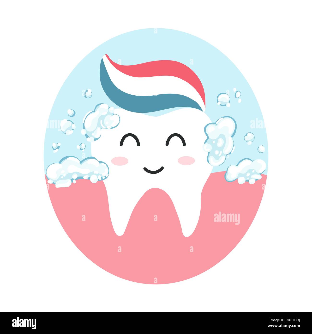 Cute happy tooth with toothpaste in cartoon flat style. Vector illustration of clean healthy teeth character, dental care concept, oral hygiene Stock Vector