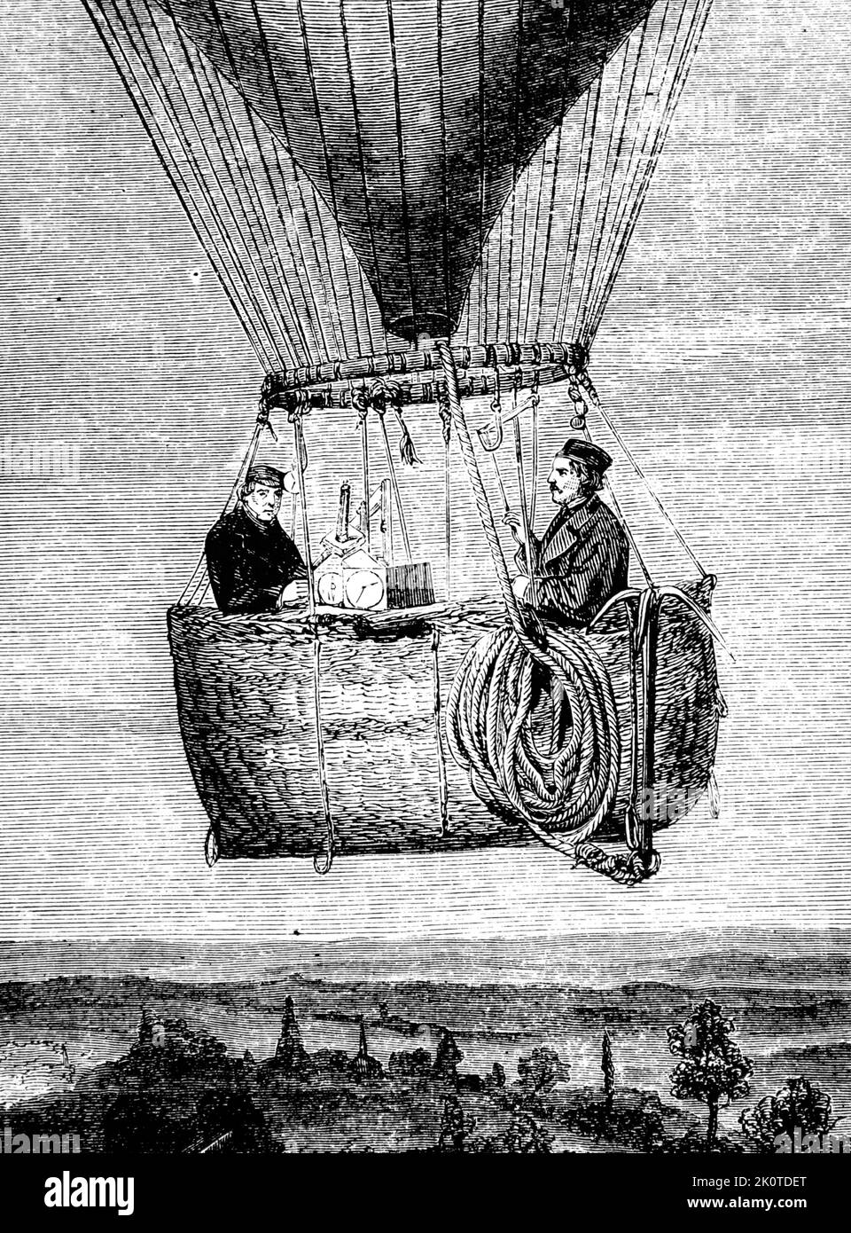 meteorologists, Glaisher and Coxvell making a scientific balloon ascent to make various observations, 1870 Stock Photo
