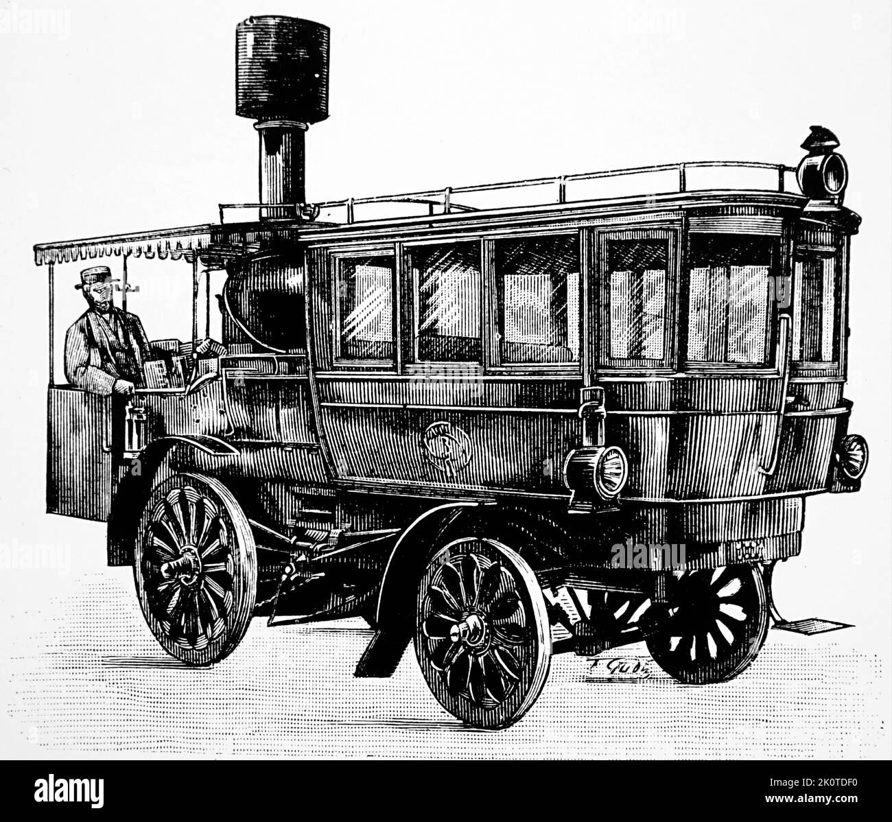 line Illustration of Bollee's Steam Bus, Paris, France 1895. A steam bus is a bus powered by a steam engine. Early steam-powered vehicles designed for carrying passengers were more usually known as steam carriages Stock Photo