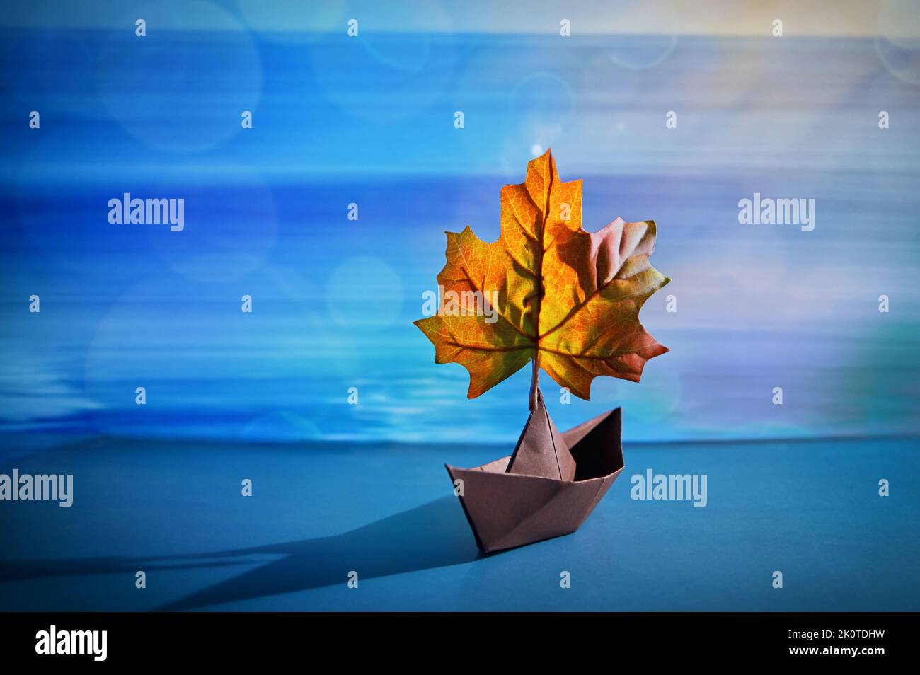 Abstract Paper Boat With A Maple Leaf On A Pond Stock Photo
