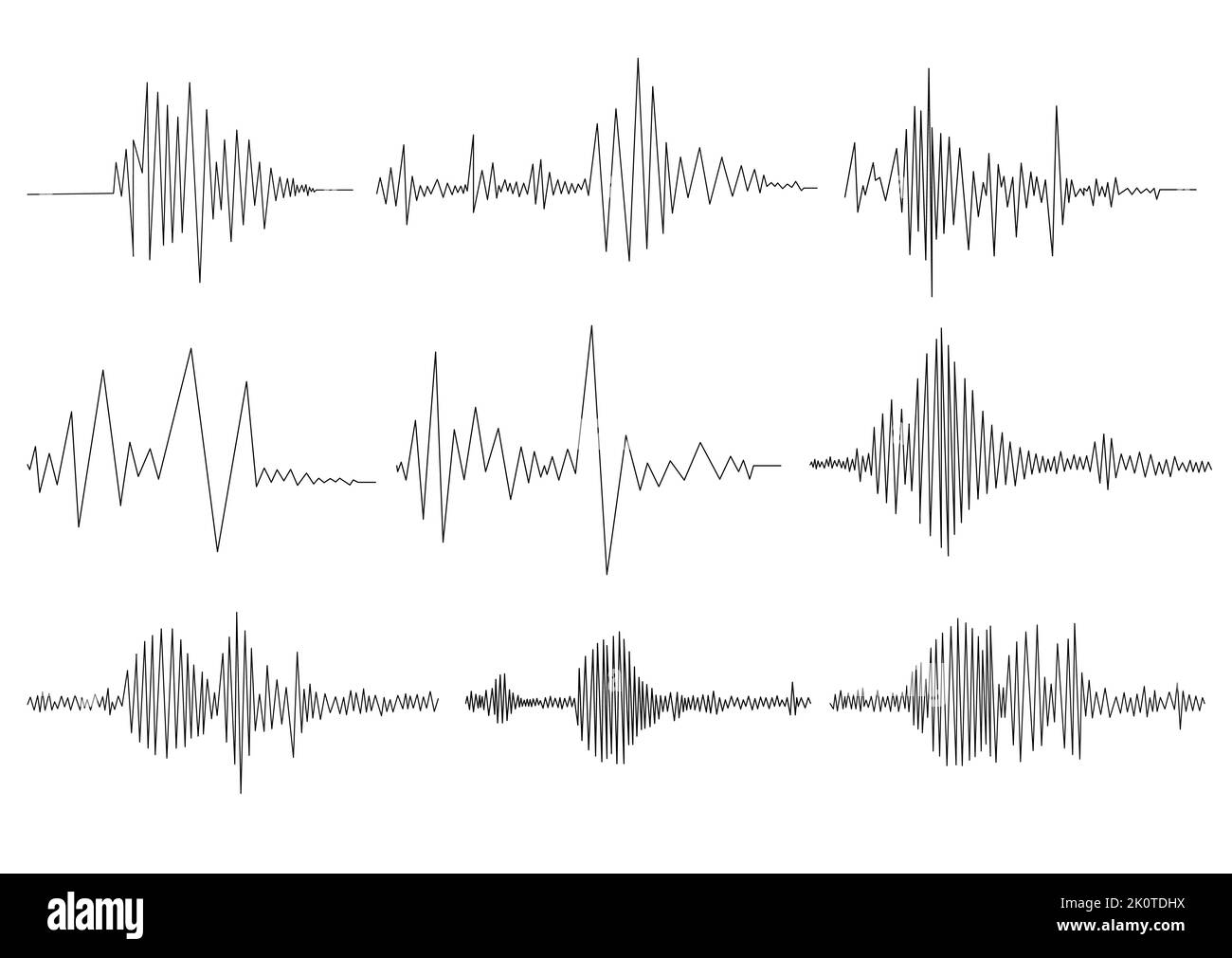 Earthquake seismogram or music volume waves set. Stock Vector