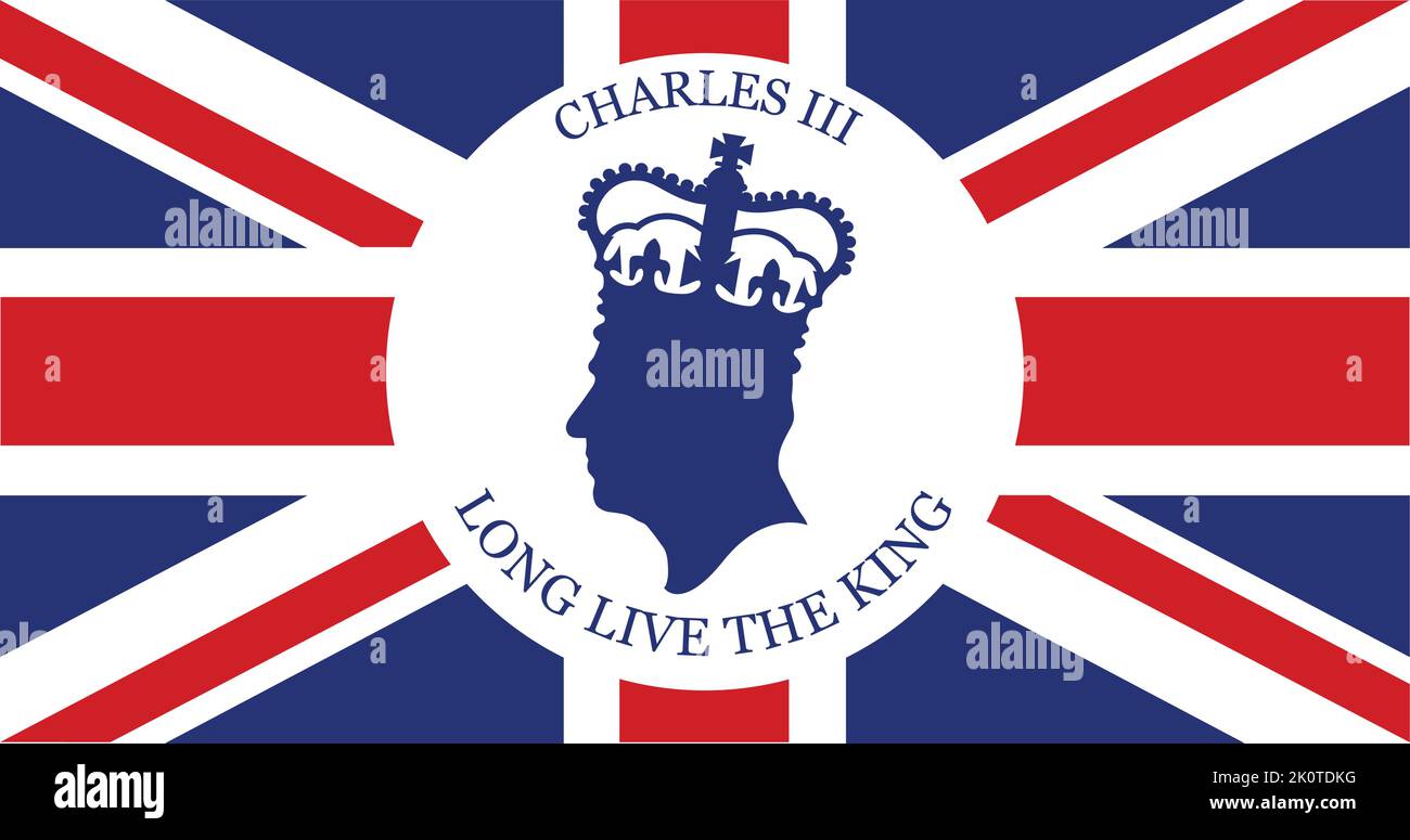 London, UK - September 2022: Side profile silhouette of King Charles III against a Union Jack background Stock Vector