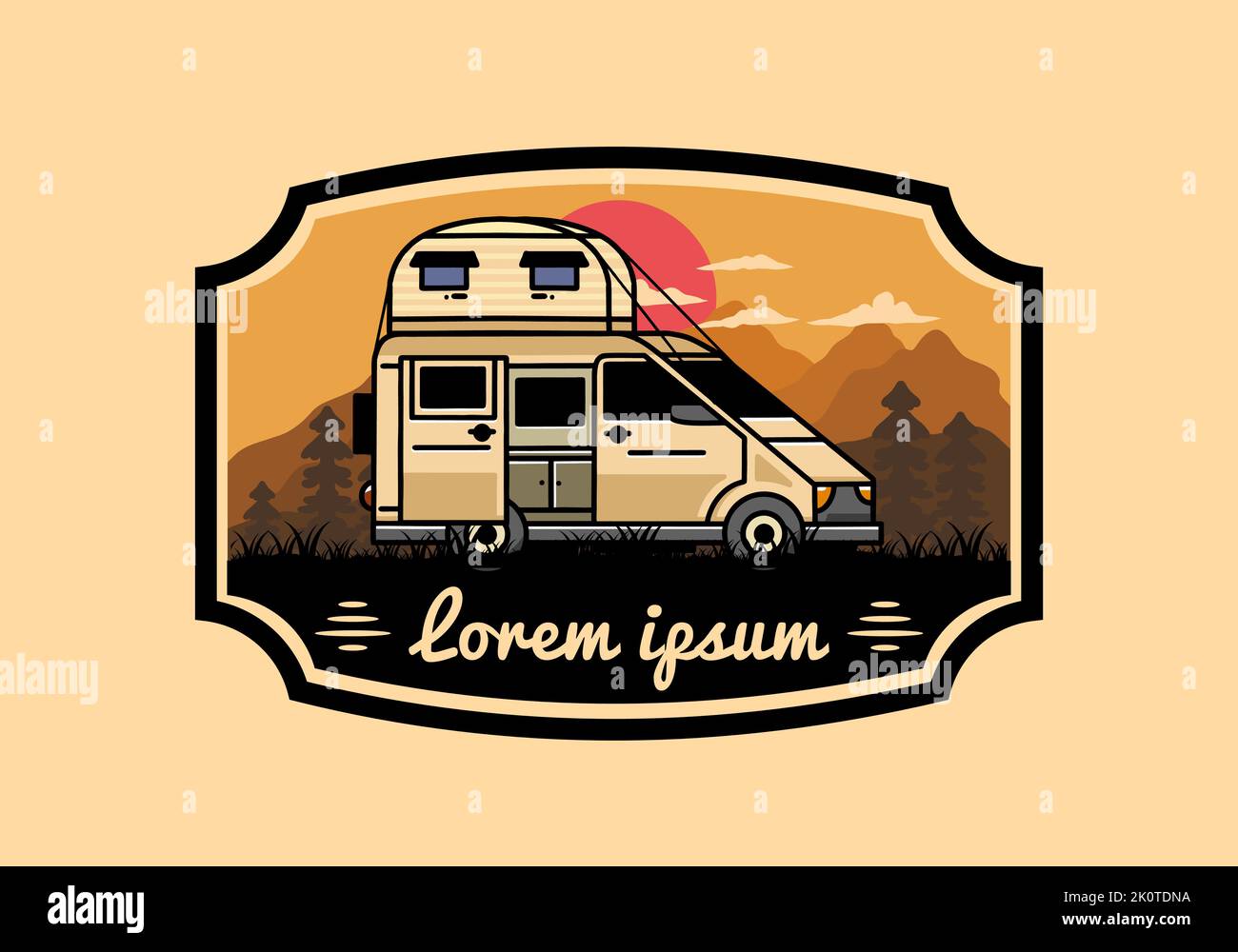 Big van camper with roof box tent illustration badge design Stock ...