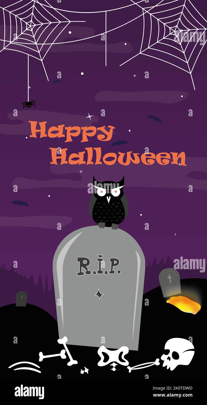 halloween Vector banner with owl on grave Stock Vector