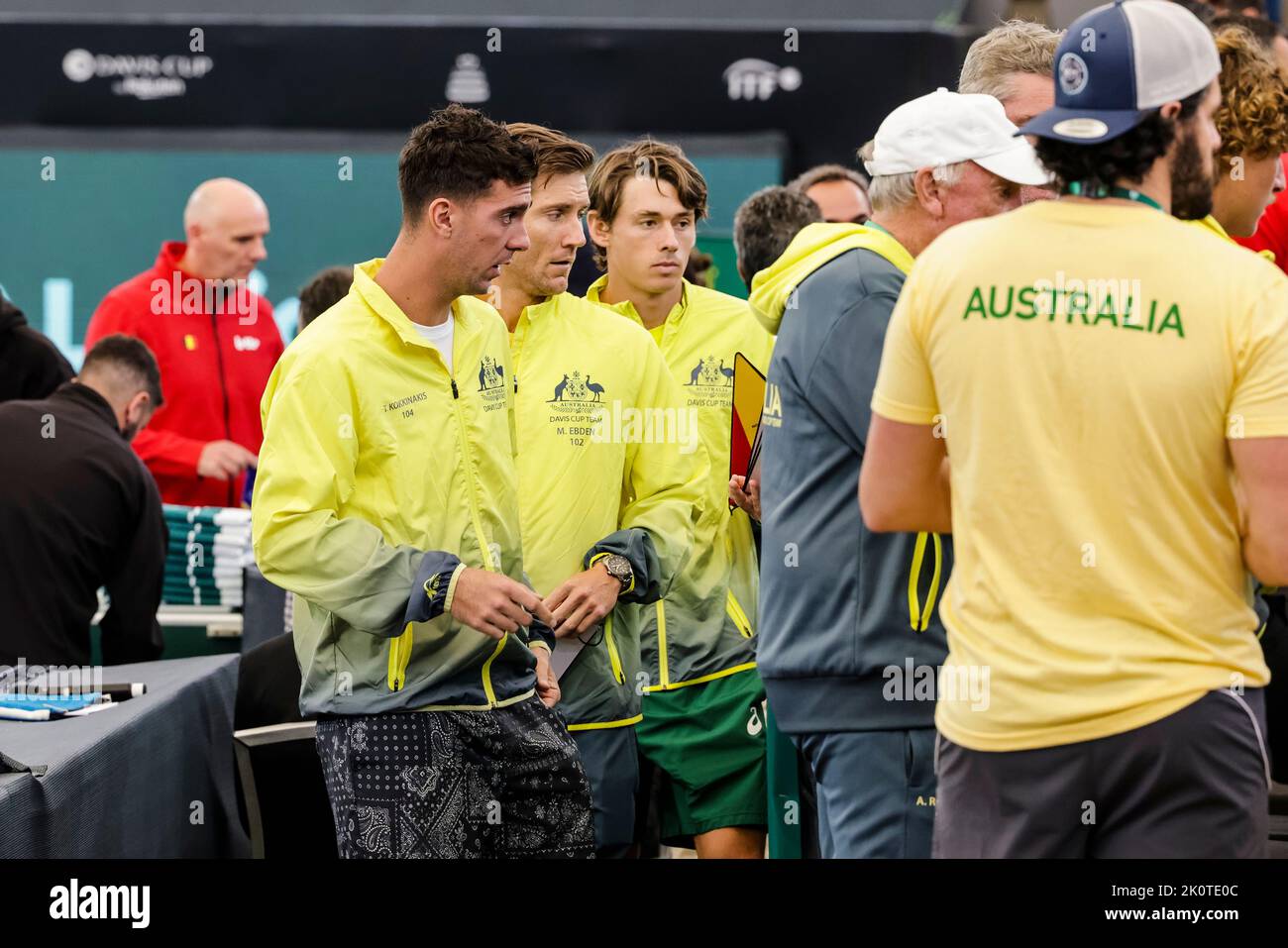Hamburg, Germany, 13th Sep, 2022. Thanasi Kokkinakis (L) and the australian Team stand together during the group stage match between Belgium and Australia at the 2022 Davis Cup finals in Hamburg, Germany. Photo credit: Frank Molter/Alamy Live news Stock Photo