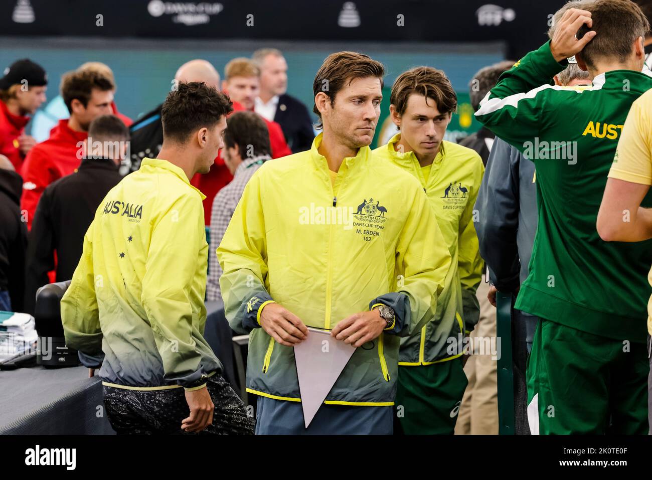 Hamburg, Germany, 13th Sep, 2022. Matthew Ebden (M) and the australian Team stand together during the group stage match between Belgium and Australia at the 2022 Davis Cup finals in Hamburg, Germany. Photo credit: Frank Molter/Alamy Live news Stock Photo