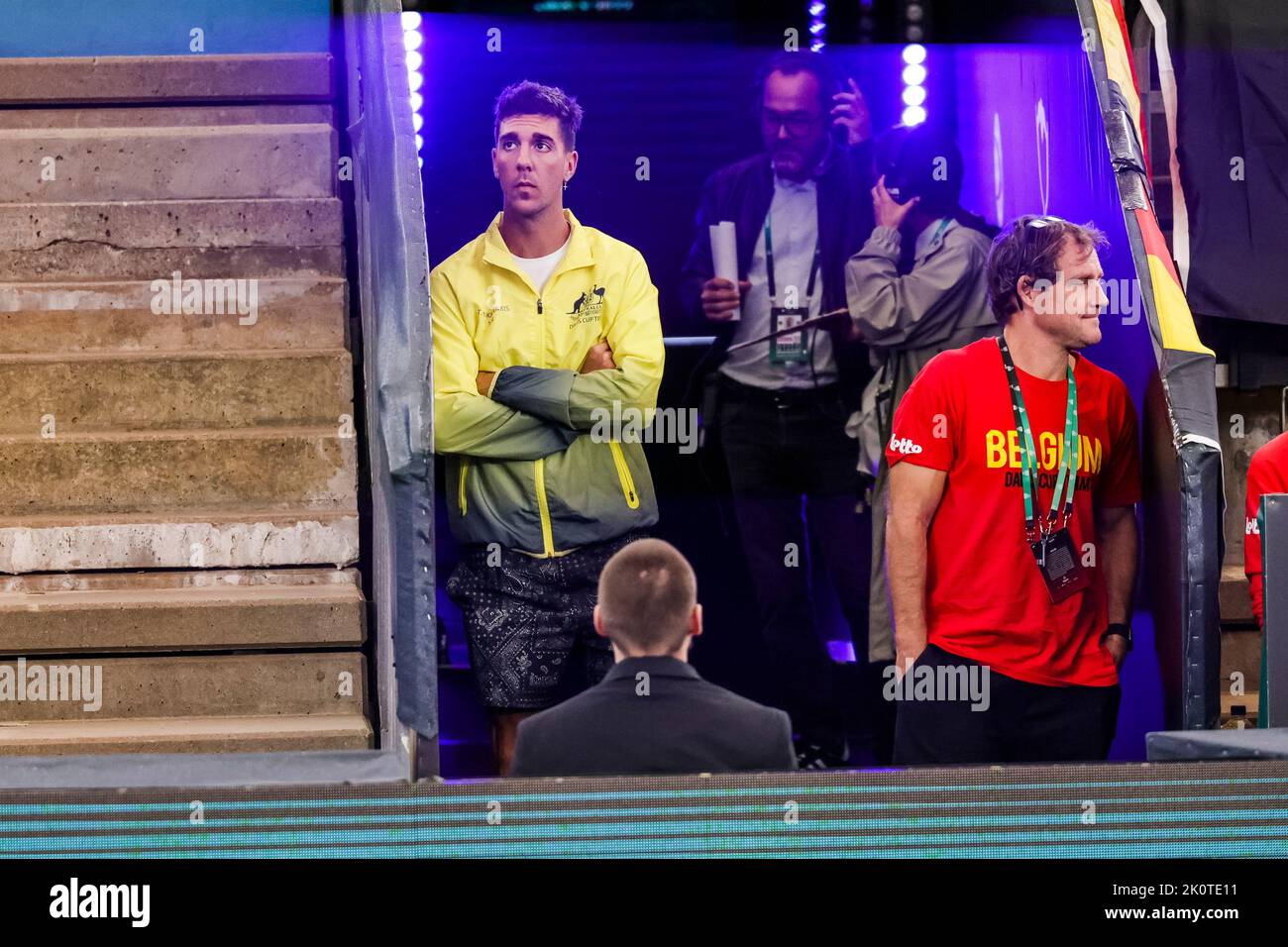 Hamburg, Germany, 13th Sep, 2022. Thanasi Kokkinakis (L) follows the group stage match between Belgium and Australia at the 2022 Davis Cup finals in Hamburg, Germany. Photo credit: Frank Molter/Alamy Live news Stock Photo