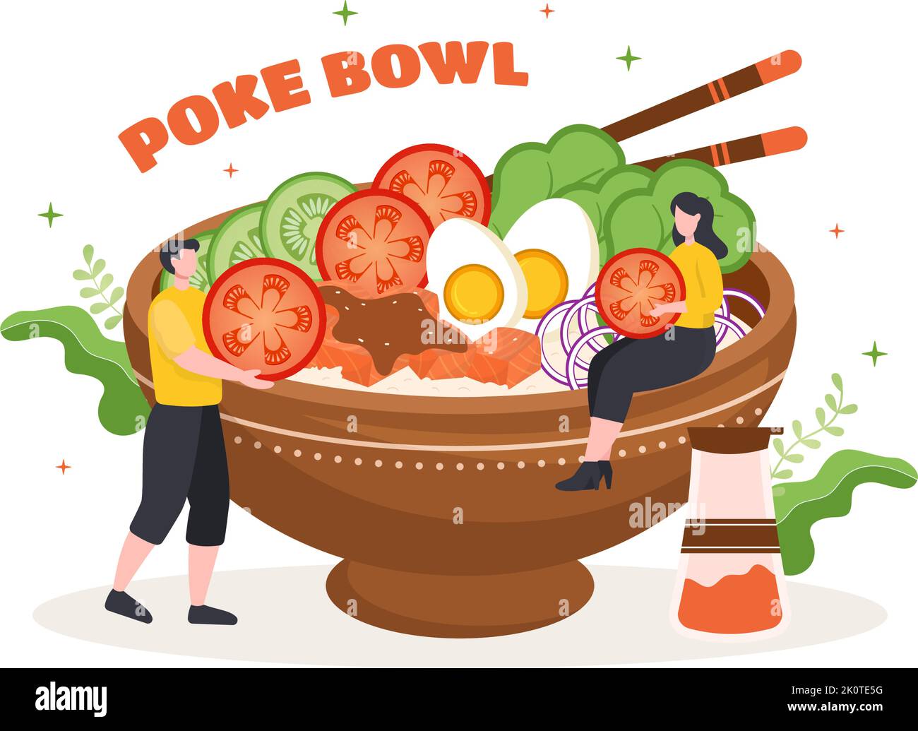 Hawaiian Dish Poke Bowl Food Template Hand Drawn Cartoon Flat