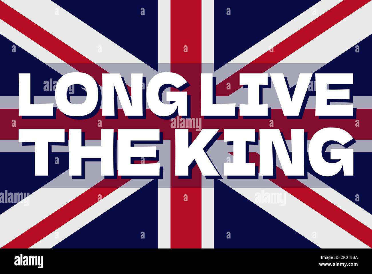 Long live the king script on British flag backgroug. Transfer of supreme power of monarch concept. Proclamation of a new king in England. Changing kingship traditional phrase. Vector illustration. Stock Vector
