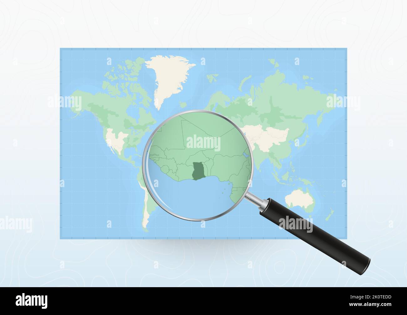 Map of the World with a magnifying glass aimed at Ghana, searching