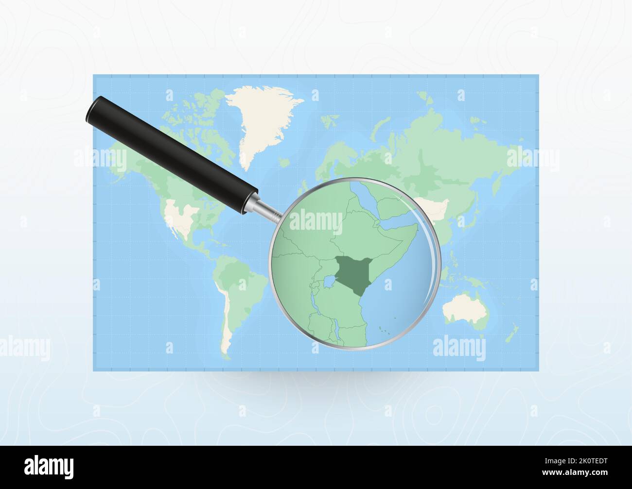 Map of the World with a magnifying glass aimed at Kenya, searching Kenya with loupe. Vector map. Stock Vector