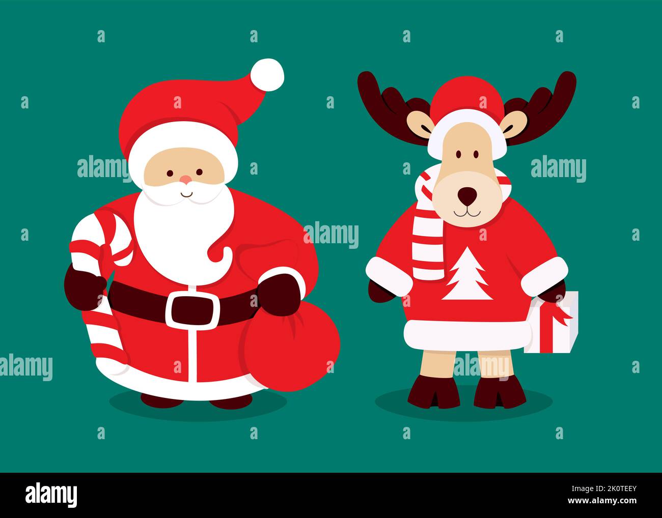 Merry Christmas card with Santa Claus and deer, sugar cane and presents ...