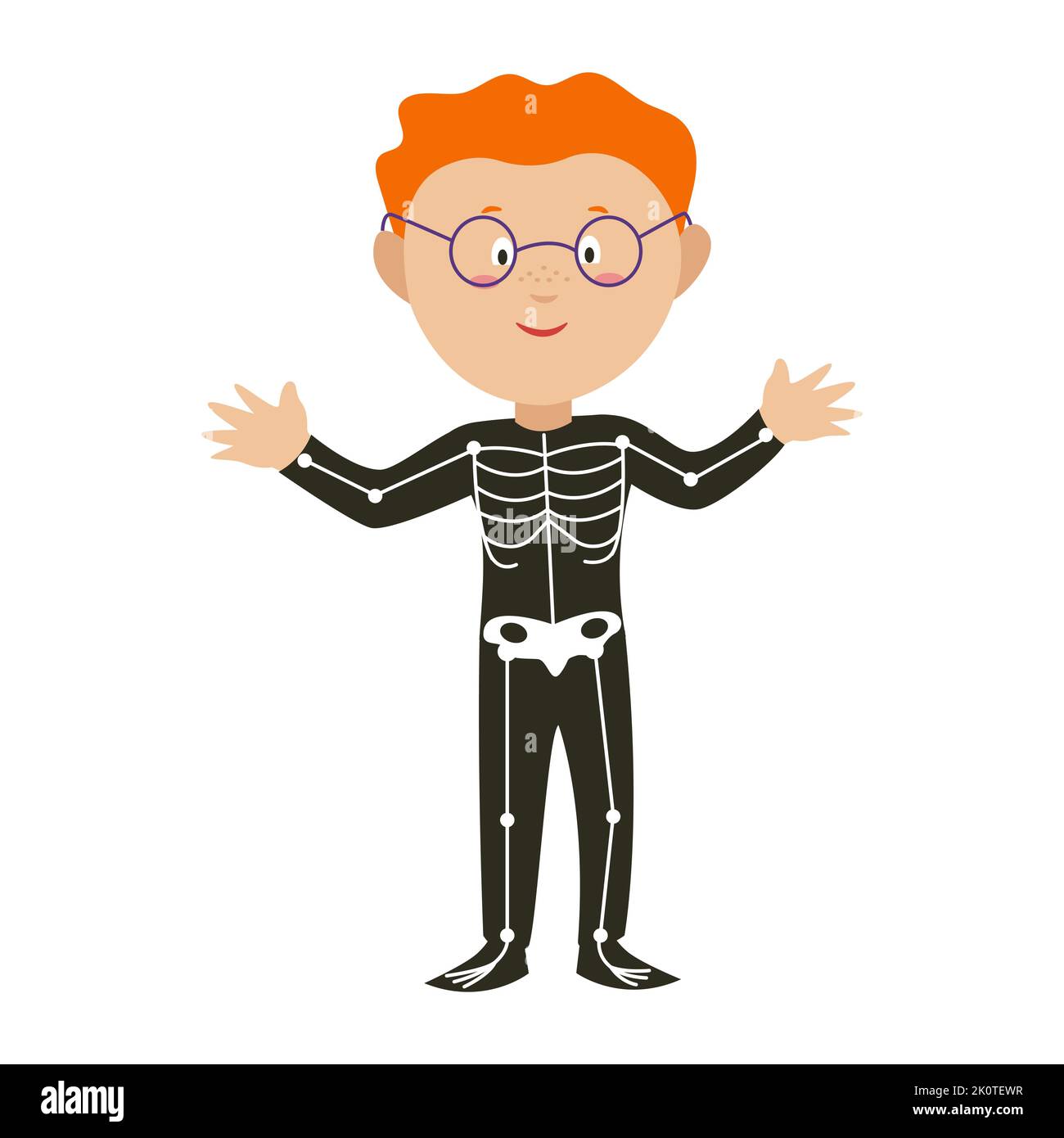 A boy in a skeleton costume somewhere on Halloween. A child in a carnival costume. Vector illustration in flat style Stock Vector
