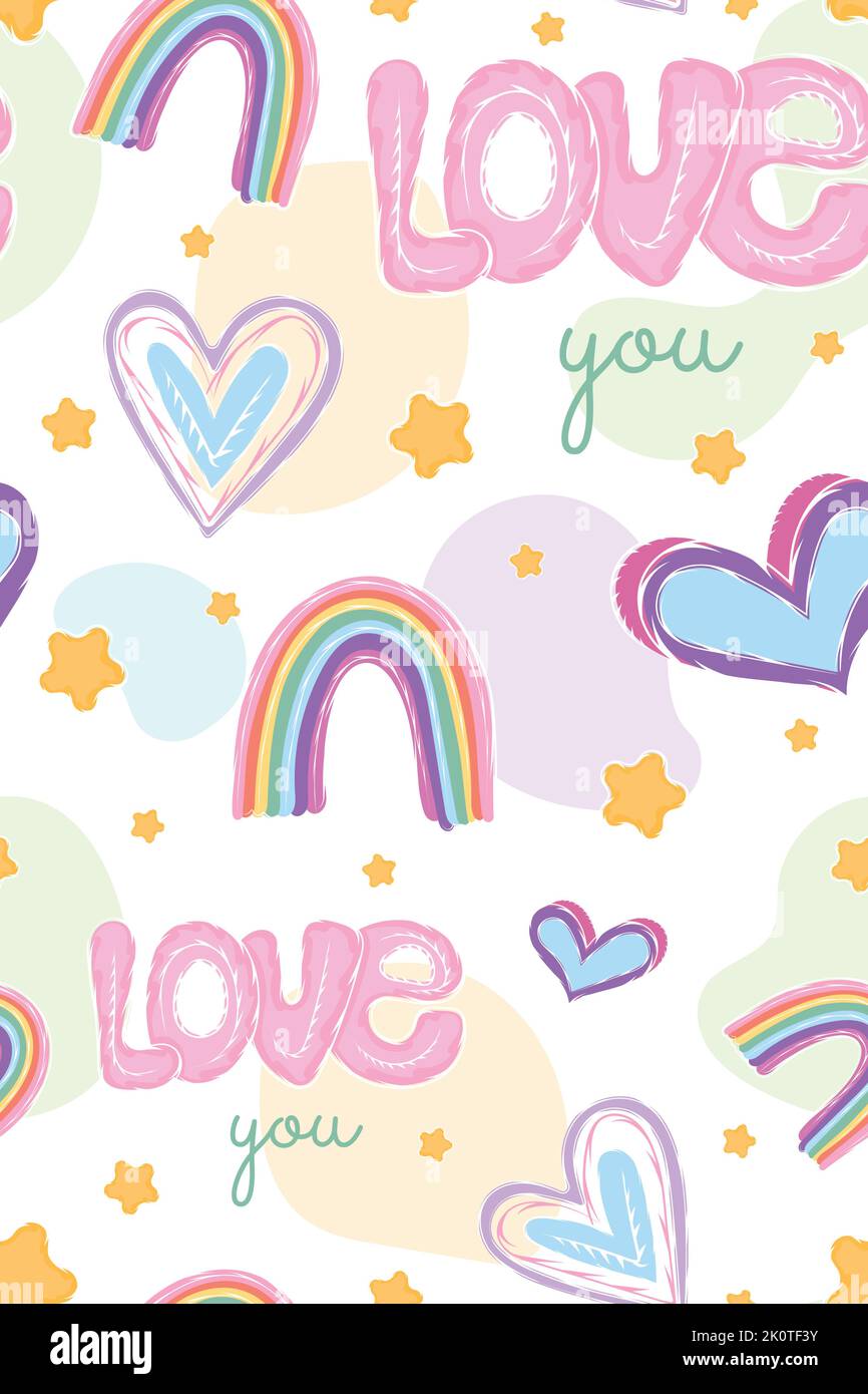 Colored seamless pattern background with heart shapes and rainbows ...