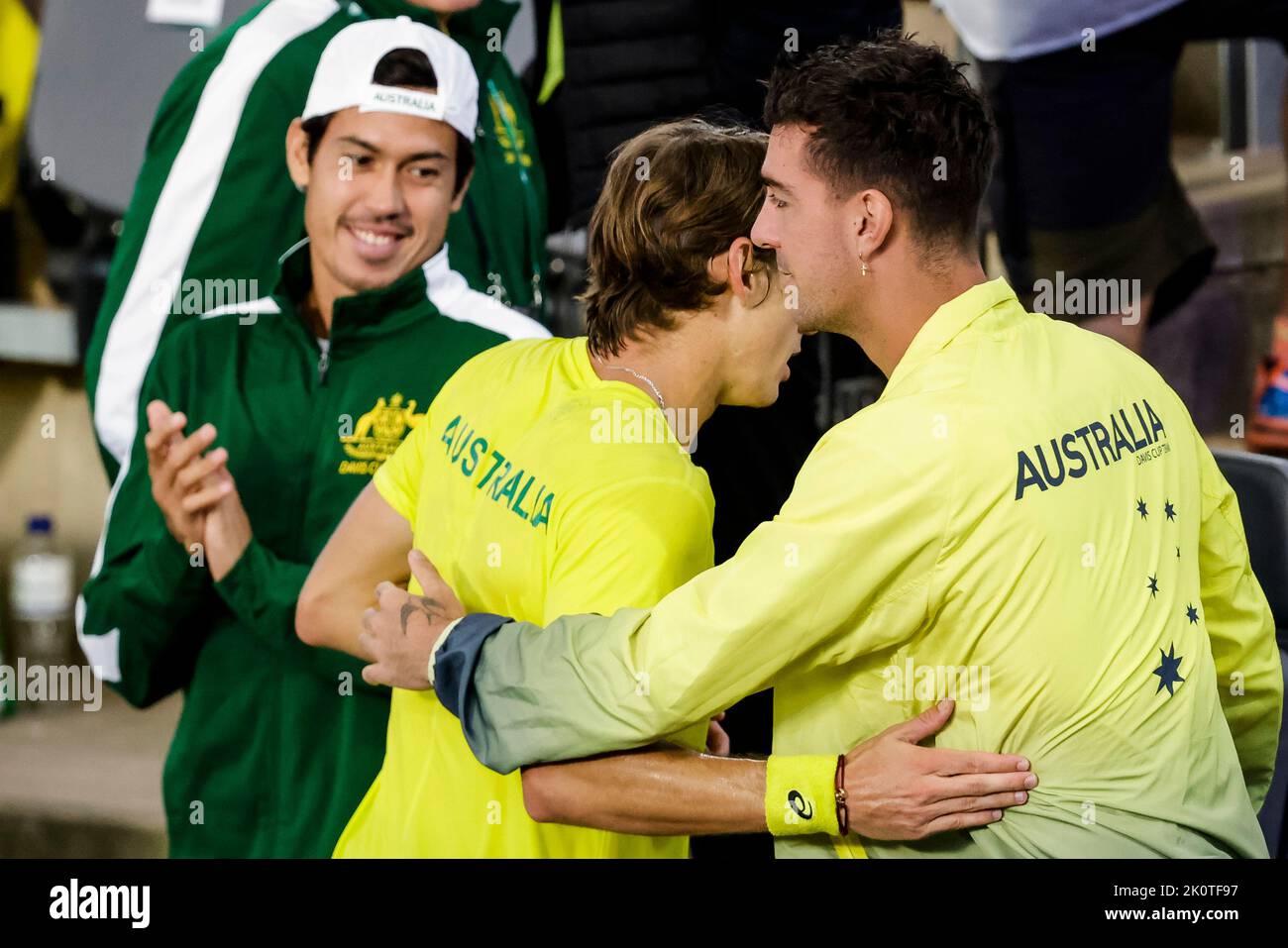 Hamburg, Germany, 13th Sep, 2022. Australian Jason Kubler, Alex de Minaur and Thanasi Kokkinakis stand together during the group stage match between Belgian and Australia at the 2022 Davis Cup finals in Hamburg, Germany. Photo credit: Frank Molter/Alamy Live news Stock Photo
