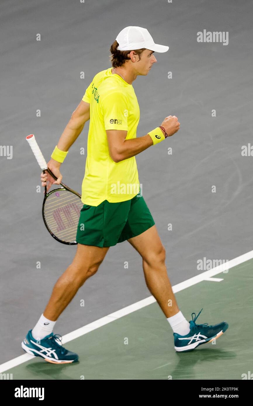 Hamburg, Germany, 13th Sep, 2022. Alex de Minaur is in action during the group stage match between Belgium and Australia at the 2022 Davis Cup finals in Hamburg, Germany. Photo credit: Frank Molter/Alamy Live news Stock Photo