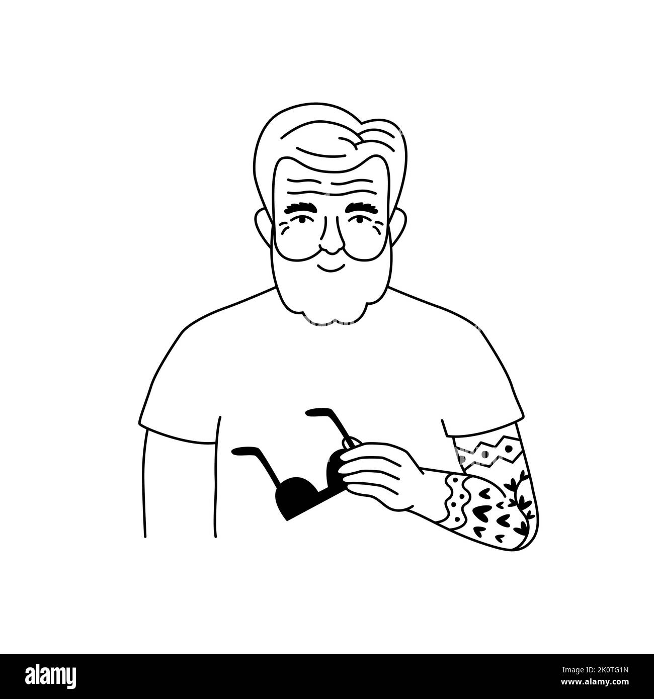 Cool old man with tattoo and sunglasses. Line art doodle illustration