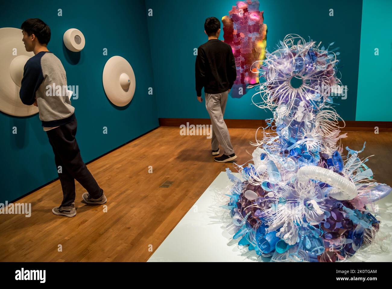 Contemporary artwork made of recycled plastics in the exhibition